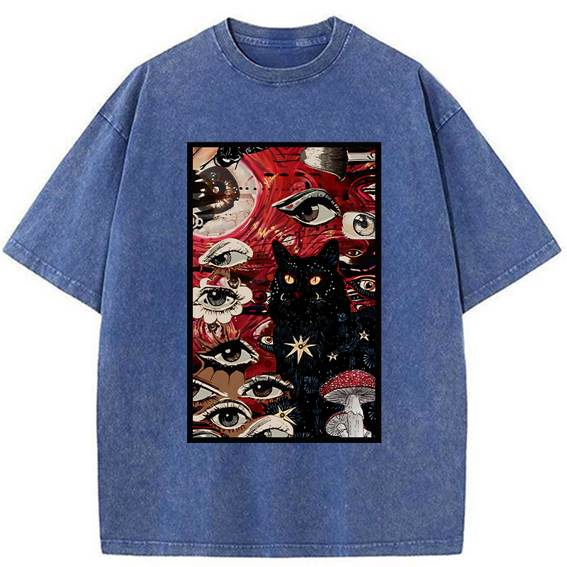 Tokyo-Tiger Psychedelic Black Cat Washed T-Shirt