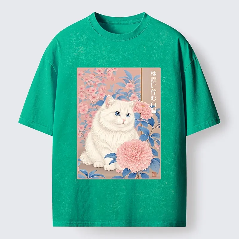 Tokyo-Tiger White Cat Pink Blossom Soft Art Washed T-Shirt