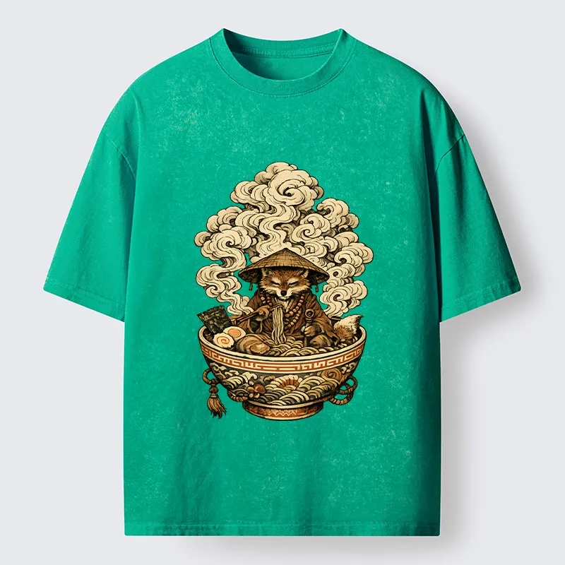 Tokyo-Tiger Zen Fox Eat Warm Ramen Washed T-Shirt