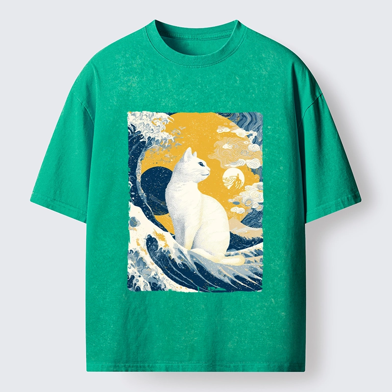 Tokyo-Tiger Ukiyo Cat Giant Ocean Wave Print Washed T-Shirt