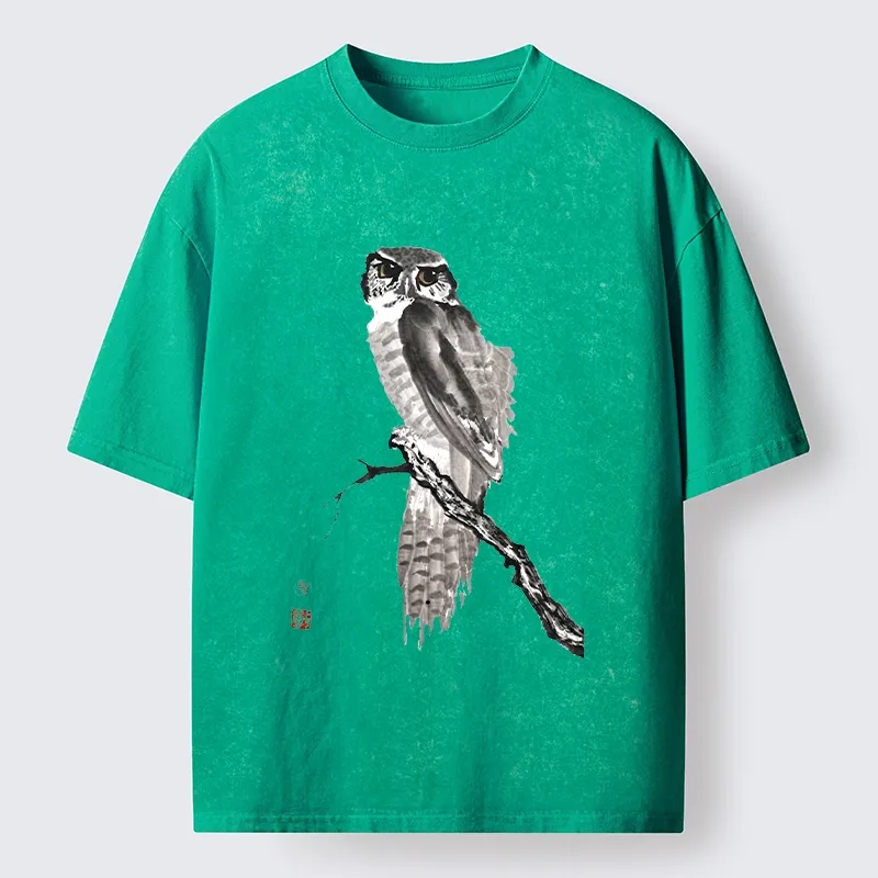 Tokyo-Tiger Minimal Ink Owl Oriental Brush Art Washed T-Shirt