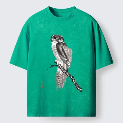 Tokyo-Tiger Minimal Ink Owl Oriental Brush Art Washed T-Shirt