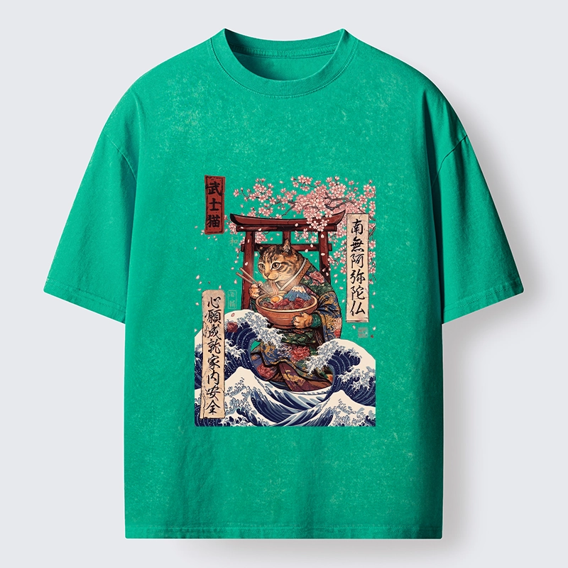 Tokyo-Tiger Samurai Cat Eating Noodles Wave Scene Washed T-Shirt