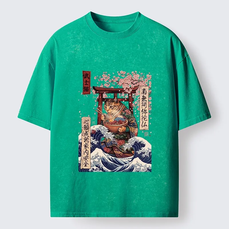 Tokyo-Tiger Samurai Cat Eating Noodles Wave Scene Washed T-Shirt