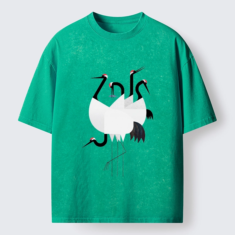 Tokyo-Tiger Minimal Shaped Cranes Simple Graphic Washed T-Shirt