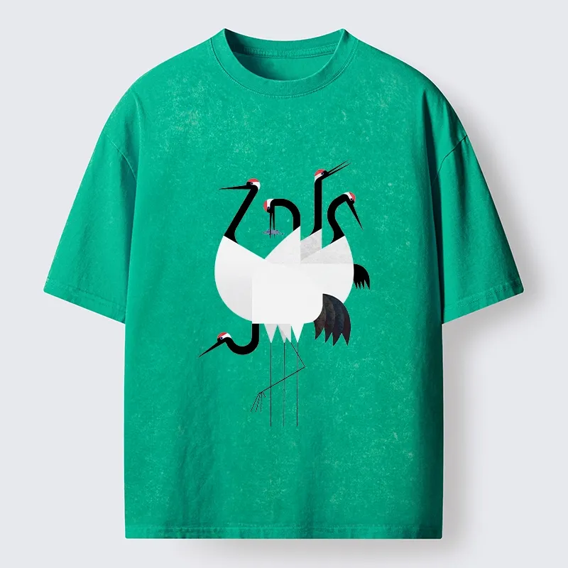 Tokyo-Tiger Minimal Shaped Cranes Simple Graphic Washed T-Shirt