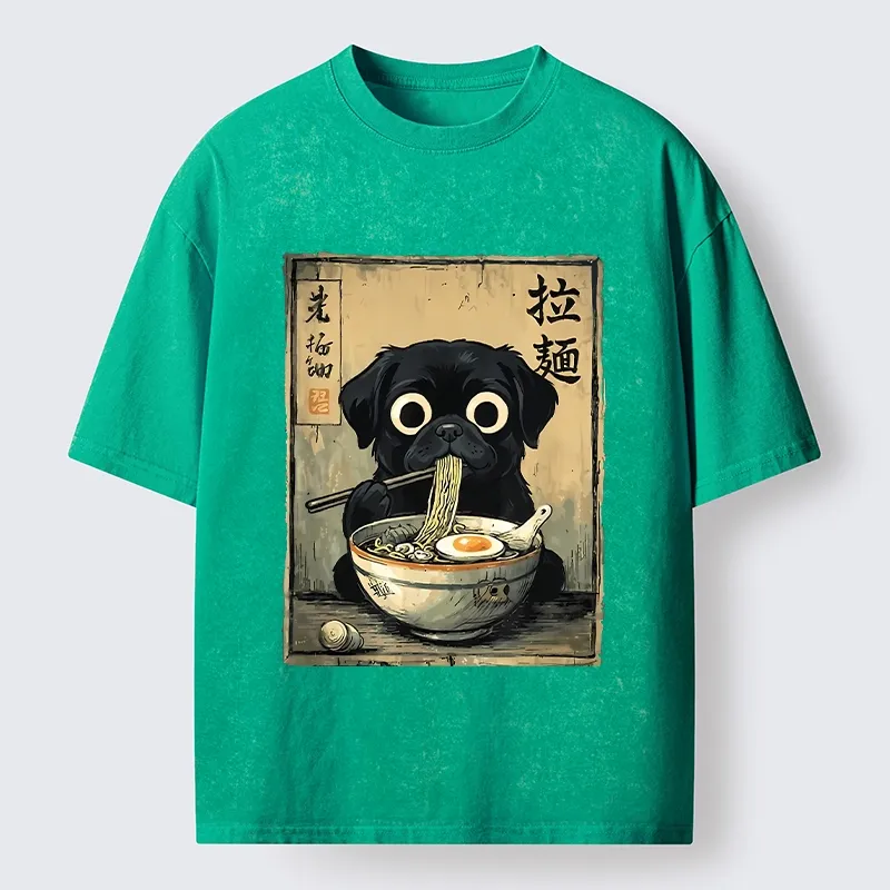 Tokyo-Tiger Cute Black Dog Eating Hot Ramen Washed T-Shirt