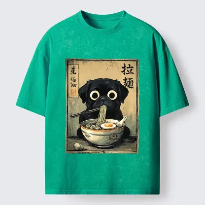 Tokyo-Tiger Cute Black Dog Eating Hot Ramen Washed T-Shirt