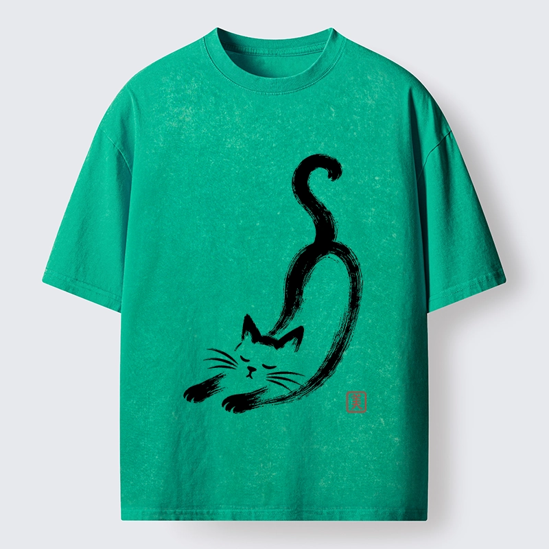 Tokyo-Tiger Soft Ink Stretch Cat Oriental Brush Art Washed T-Shirt
