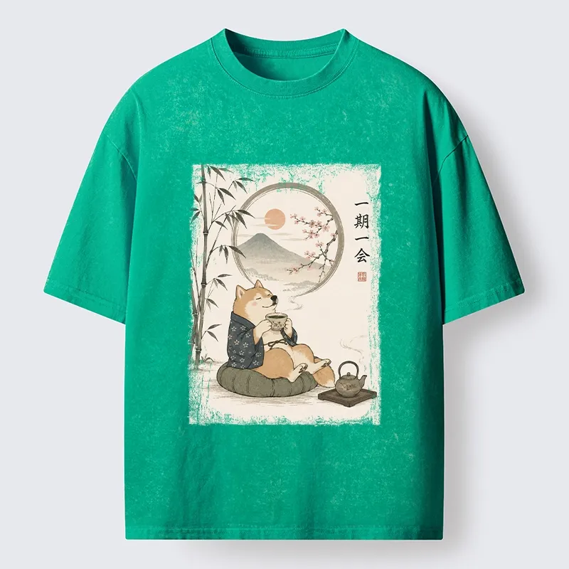 Tokyo-Tiger Funny Meme Cozy Tea Time Shiba Inu Washed T-Shirt