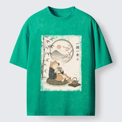 Tokyo-Tiger Funny Meme Cozy Tea Time Shiba Inu Washed T-Shirt