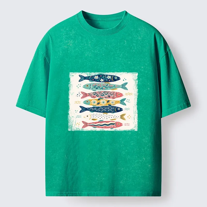 Tokyo-Tiger Simple Folk Art Floral Fish Group Design Washed T-Shirt