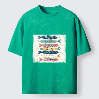 Tokyo-Tiger Simple Folk Art Floral Fish Group Design Washed T-Shirt