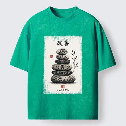 Tokyo-Tiger Japanese Balance Stone Floral Print Washed T-Shirt