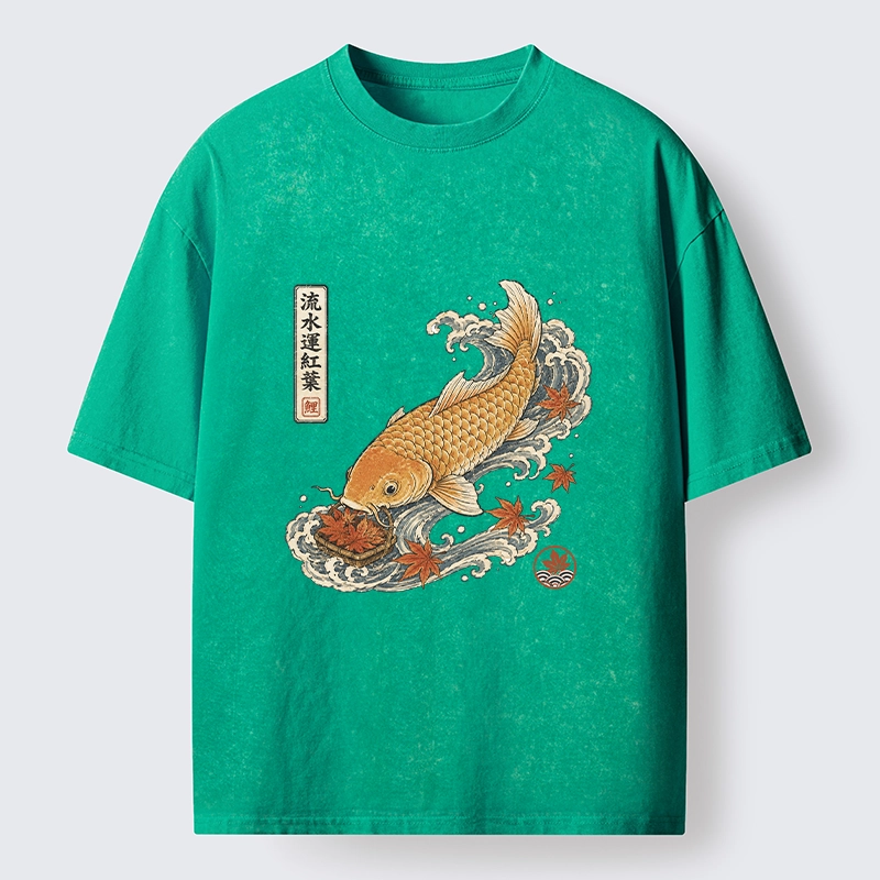 Tokyo-Tiger Golden Koi Carp Maple Leaf Wave Art Washed T-Shirt