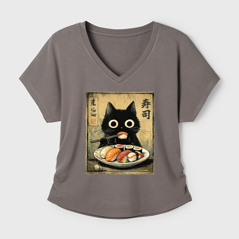 Tokyo-Tiger Vintage Japanese Sushi Cat Modal Dolman Sleeve T-Shirt