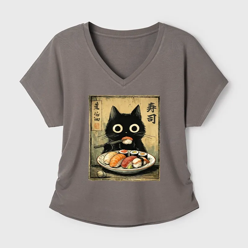 Tokyo-Tiger Vintage Japanese Sushi Cat Modal Dolman Sleeve T-Shirt Sale