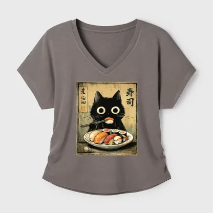 Tokyo-Tiger Vintage Japanese Sushi Cat Modal Dolman Sleeve T-Shirt
