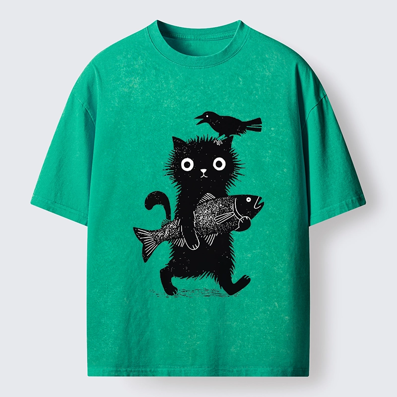 Tokyo-Tiger Wild Fluffy Cat Fish Crow Vintage Print Washed T-Shirt