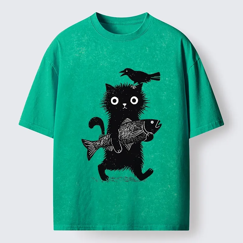 Tokyo-Tiger Wild Fluffy Cat Fish Crow Vintage Print Washed T-Shirt