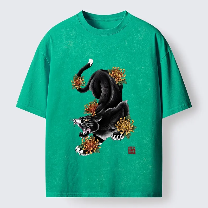 Tokyo-Tiger Wild Black Cat Panther Autumn Flower Graphic Washed T-Shirt