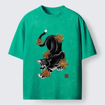Tokyo-Tiger Wild Black Cat Panther Autumn Flower Graphic Washed T-Shirt
