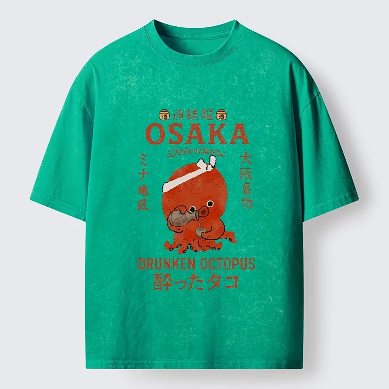 Tokyo-Tiger Vintage Osaka Octopus Sake Drinking Print Washed T-Shirt