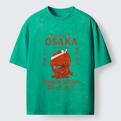 Tokyo-Tiger Vintage Osaka Octopus Sake Drinking Print Washed T-Shirt