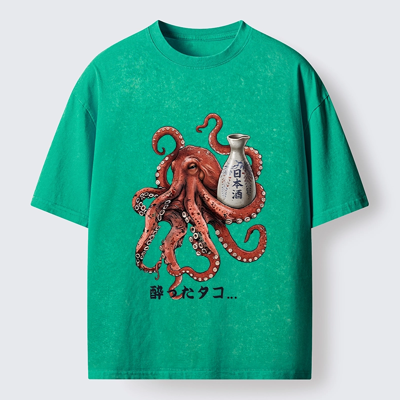 Tokyo-Tiger Japanese Drunken Octopus Sake Pot Art Washed T-Shirt