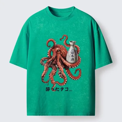 Tokyo-Tiger Japanese Drunken Octopus Sake Pot Art Washed T-Shirt