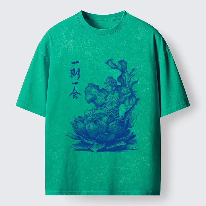 Tokyo-Tiger Calm Buddha On Big Lotus Zen Graphic Washed T-Shirt