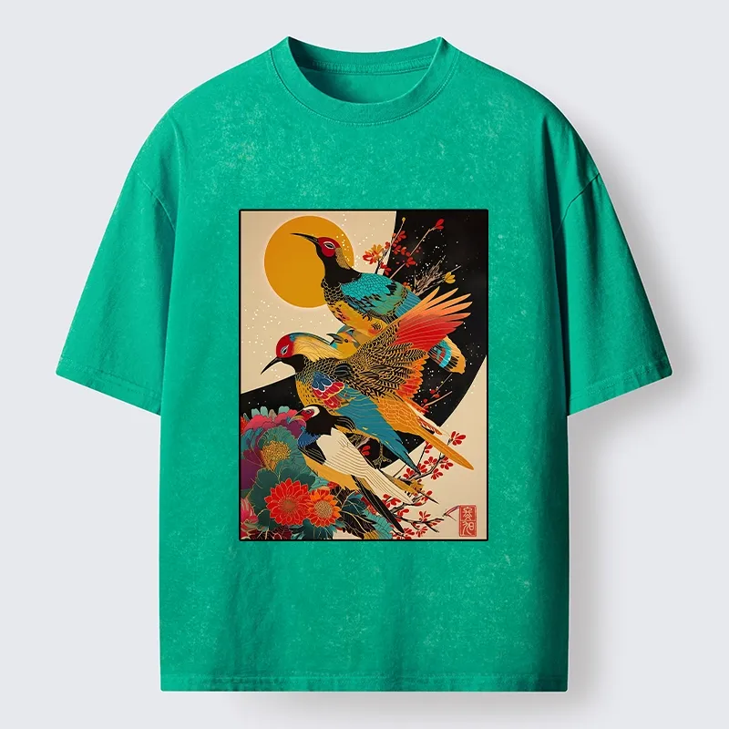 Tokyo-Tiger Sunrise Pheasants Blossom Oriental Art Design Washed T-Shirt