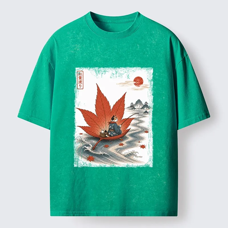 Tokyo-Tiger Japanese Cat Maple River Fishing Vintage Art Washed T-Shirt