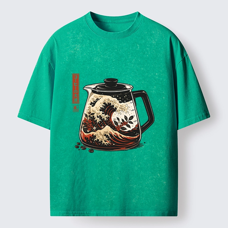 Tokyo-Tiger Coffee Pot Great Wave Coffee Beans Art Washed T-Shirt Sale