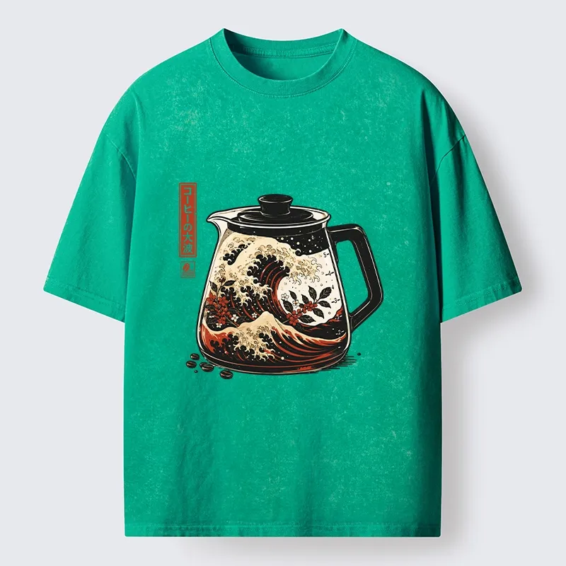 Tokyo-Tiger Coffee Pot Great Wave Coffee Beans Art Washed T-Shirt