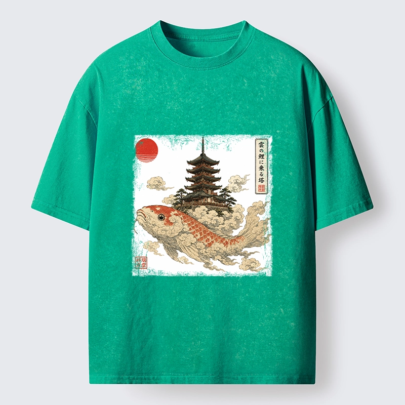Tokyo-Tiger Sacred Koi Carp And Ancient Temple Tower Art Washed T-Shirt