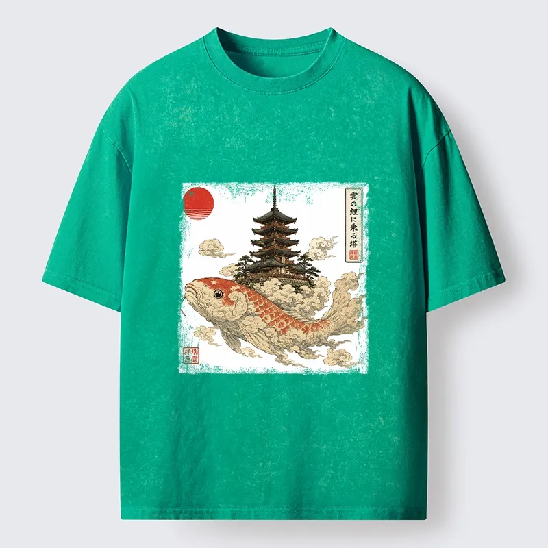 Tokyo-Tiger Sacred Koi Carp And Ancient Temple Tower Art Washed T-Shirt