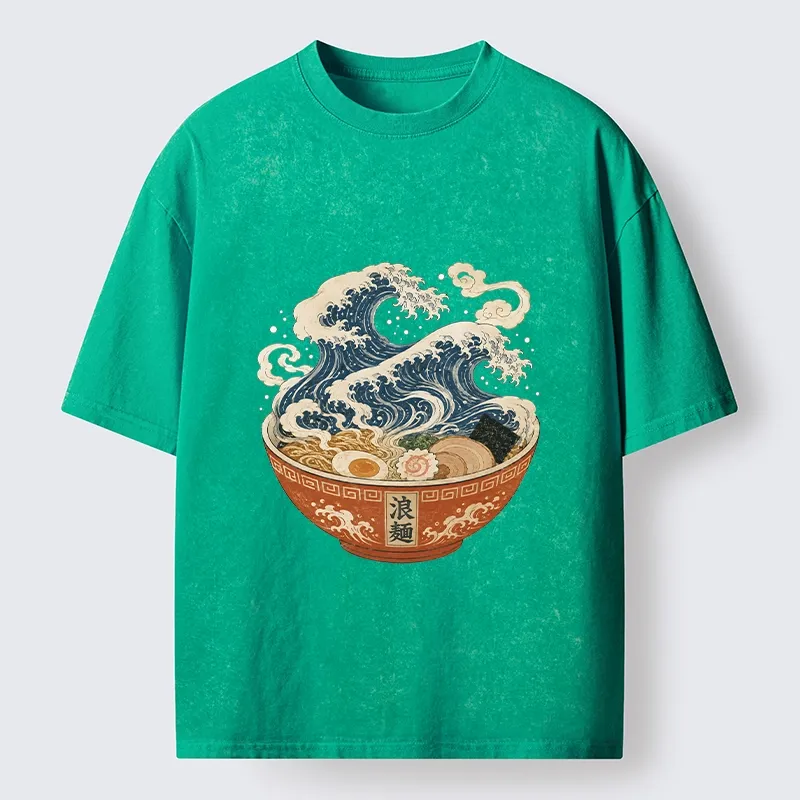 Tokyo-Tiger Ramen Bowl Holds Giant Ocean Wave Graphic Washed T-Shirt