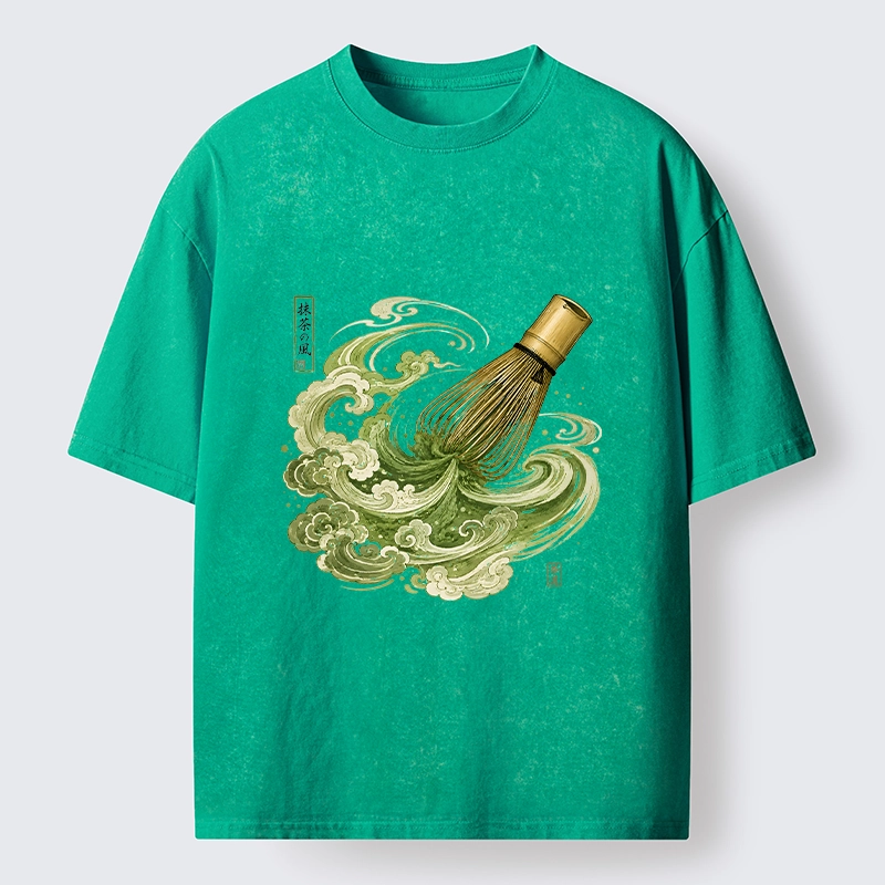 Tokyo-Tiger Zen Matcha Wave Bamboo Whisk Vintage Print Washed T-Shirt
