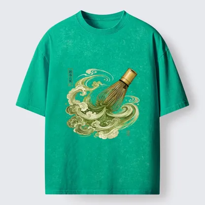 Tokyo-Tiger Zen Matcha Wave Bamboo Whisk Vintage Print Washed T-Shirt