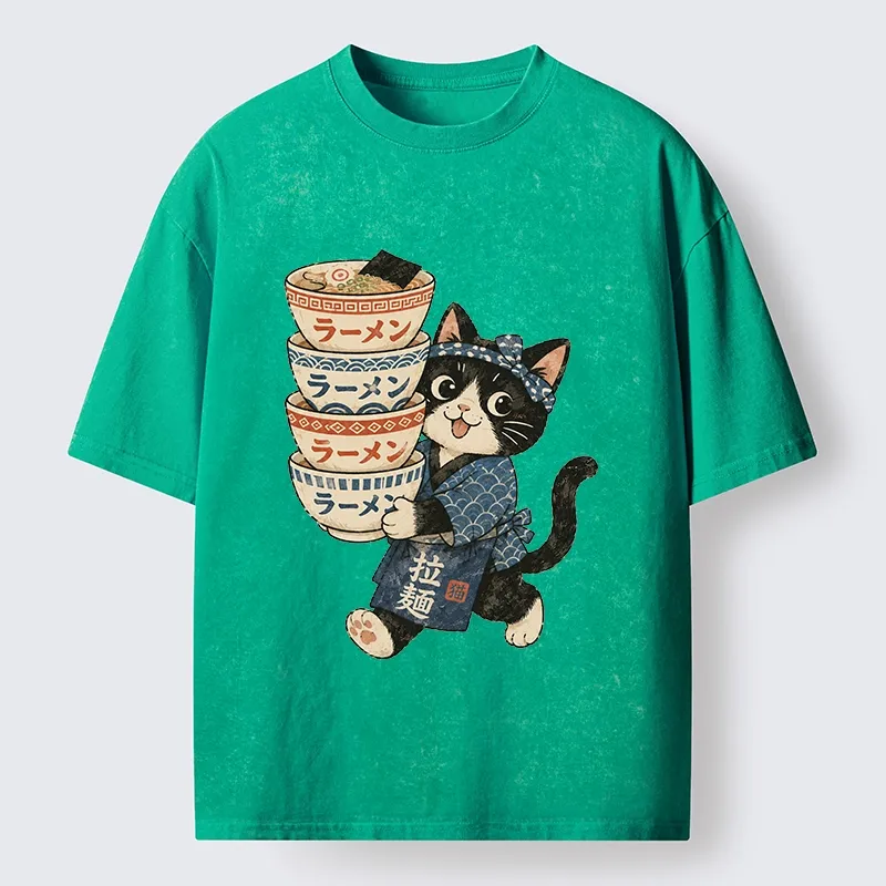 Tokyo-Tiger Funny Meme Cat Carries Stacked Ramen Bowls Washed T-Shirt