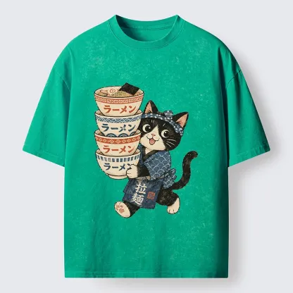 Tokyo-Tiger Funny Meme Cat Carries Stacked Ramen Bowls Washed T-Shirt