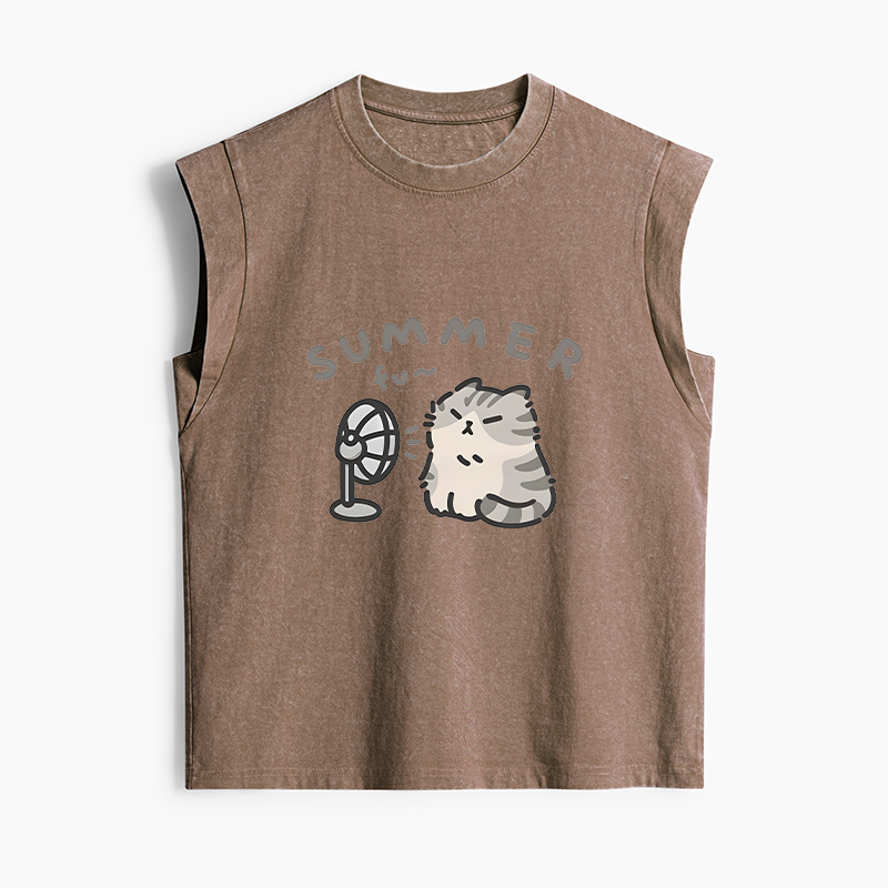 Tokyo-Tiger Summer Cat Chills With A Fan Women's Washed Tank Tops