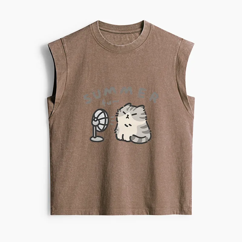 Tokyo-Tiger Summer Cat Chills With A Fan Women's Washed Tank Tops