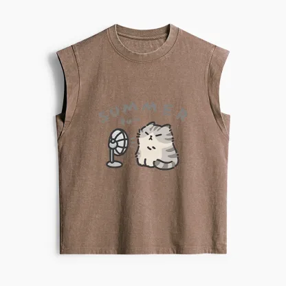 Tokyo-Tiger Summer Cat Chills With A Fan Women's Washed Tank Tops
