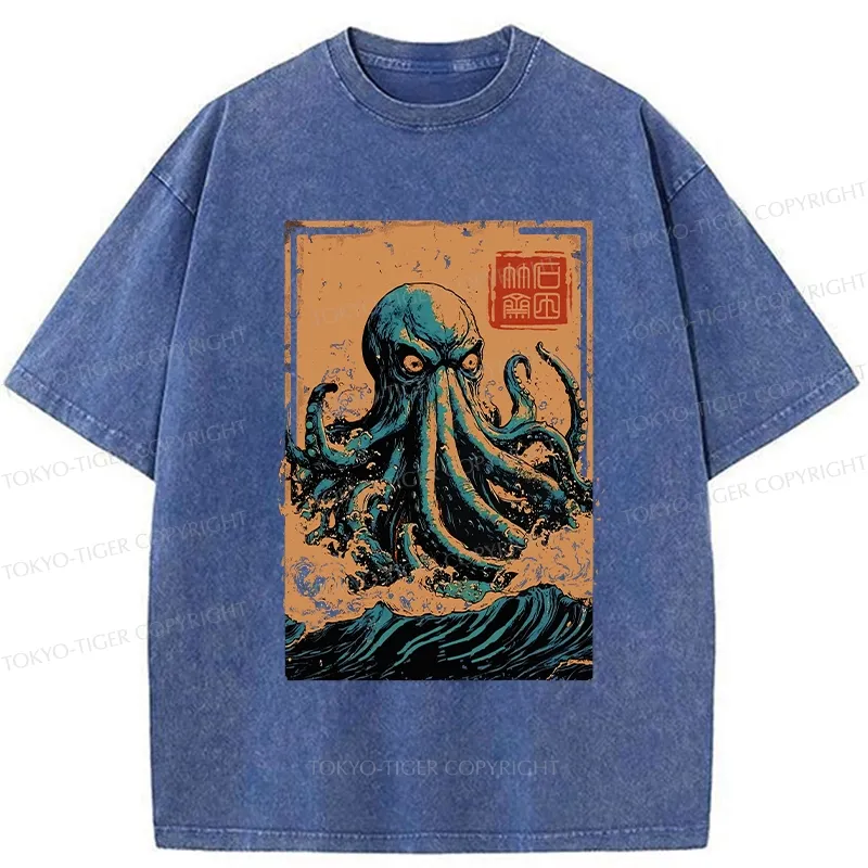 Tokyo-Tiger The Great Wave Off Octopus Washed T-Shirt