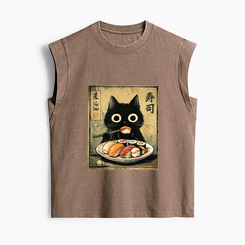 Tokyo-Tiger Vintage Japanese Sushi Cat Women's Washed Tank Tops