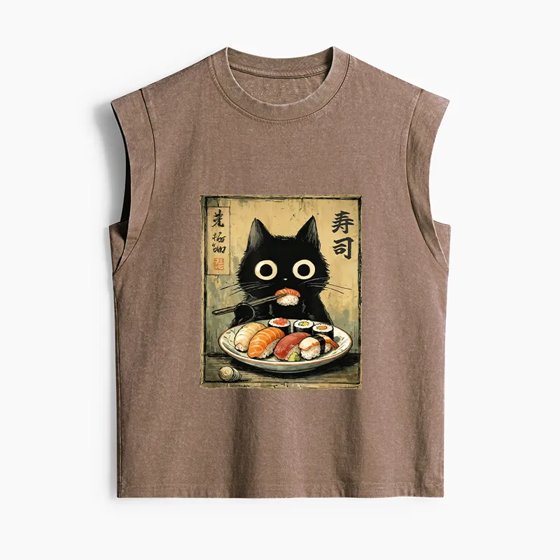Tokyo-Tiger Vintage Japanese Sushi Cat Women's Washed Tank Tops