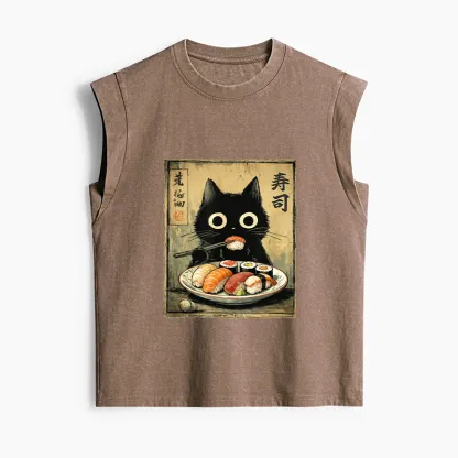 Tokyo-Tiger Vintage Japanese Sushi Cat Women's Washed Tank Tops