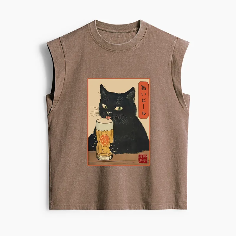 Tokyo-Tiger Cat Holding A Glass Of Beer Women's Washed Tank Tops